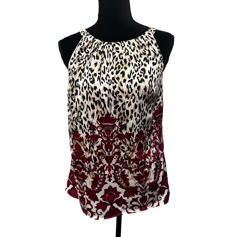 White House Black Market Sleeveless Halter Top Animal Print Burgundy Damask S